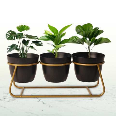 Modern three black metal pot with iron stand