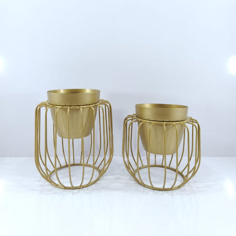 Designer golden flower metal pot with modern stand [SET OF 2]