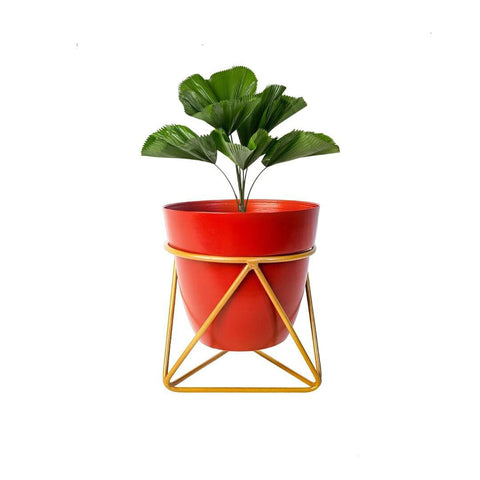 Table top essentials red metal flower pot with iron stand