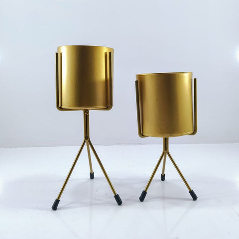 Modern golden metal pot with iron stand [SET OF 2]