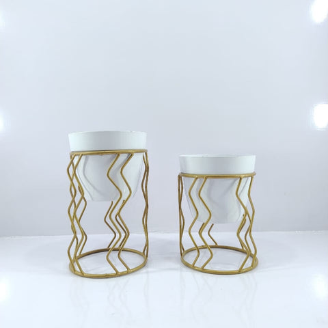 White metal pot with designer stand [SET OF 2]