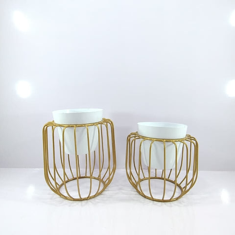 Designer white flower metal pot with modern stand [SET OF 2]